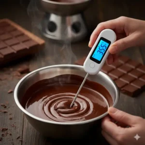 Präzises küchenthermometer digital beim Temperieren von Schokolade zum Kochen