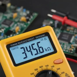 LCD-Anzeige eines digitalen Multimeters, die eine Messung anzeigt.