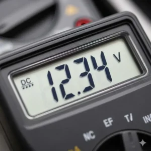 Die klare LCD-Anzeige eines digitales Multimeter Tests, die eine numerische Messung anzeigt, während es benutzt wird.