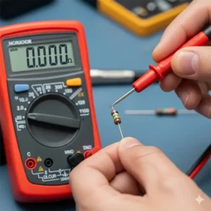 Eine Person, die mit einem Multimeter den Widerstand eines aus einem Stromkreis entfernten Bauteils misst, was eine essenzielle Multimeter Anfänger Empfehlung ist.