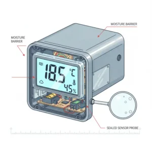 Eine detaillierte Illustration, die die internen Komponenten eines wetterfesten Thermometers für den Außenbereich zeigt, wobei sein robustes, versiegeltes Design hervorgehoben wird, das Wasser- und Feuchtigkeitsschäden verhindert.

