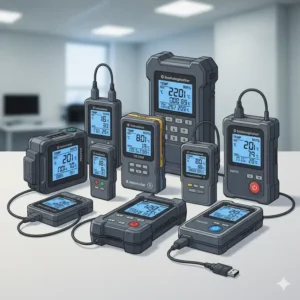 Eine Auswahl verschiedener Datalogger Temperatur Feuchtigkeit Messgeräte-Modelle.