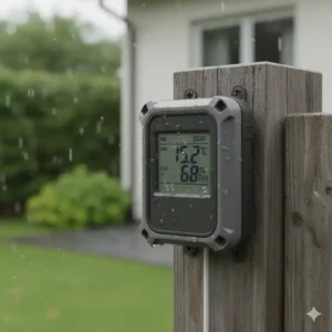 Bild eines wetterfesten Sensors für ein thermometer hygrometer kombi, geeignet für den Außenbereich.