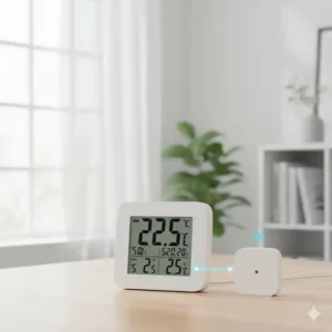 Ein digitales Thermometer innen ohne Kabel, das flexibel im Raum platziert werden kann und drahtlos die Temperatur misst.
