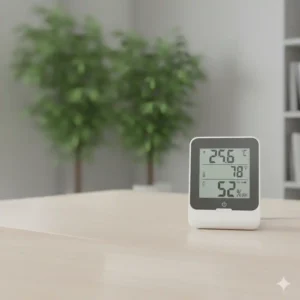 Bildschirmausschnitt des thermometer hygrometer kombi mit einem Trendpfeil für steigende Feuchtigkeit.