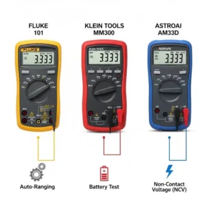 Eine Auswahl von drei empfohlenen Multimetern, die nebeneinander für Anfänger dargestellt sind, als praktische Multimeter Anfänger Empfehlung.
