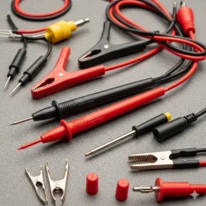 Eine Nahaufnahme der roten und schwarzen Messsonden, Klemmen und weiterem Zubehör, das typischerweise mit einem digitales Multimeter Test geliefert wird.