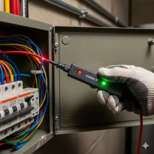 Ein kontaktloses Spannungsmessgerät, das innerhalb eines geöffneten Schaltkastens verwendet wird, um die Spannung in den Drähten zu überprüfen.