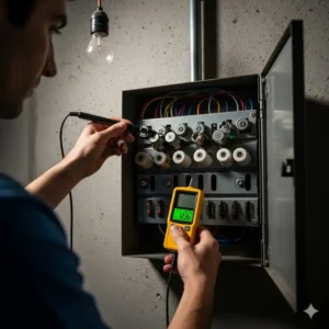 Eine Person, die einen Sicherungsprüfer elektro verwendet, um eine Sicherung in einer Haussicherungsanlage zu testen.