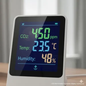 Nahaufnahme der digitalen Anzeige des co2 thermometer hygrometer kombi mit aktuellen Messwerten.