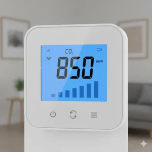 Nahaufnahme des digitalen Displays eines CO2 Messgeräts, das einen Wert anzeigt (z.B. 850 ppm).