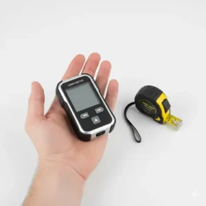 Der kompakte und einfach zu haltende laser distanzmesser handlich liegt in einer Handfläche.