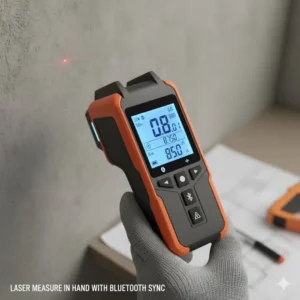 Benutzer hält ein Laser Messgerät mit Bluetooth zur einfachen Bedienung