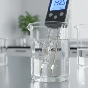 Nahaufnahme der Sensorelektroden des Leitfähigkeit Messgerät Wasser im Betrieb.