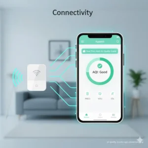 Drahtlose Verbindung zwischen Smartphone-App und dem smarter Luftqualitätsmonitor für Fernüberwachung und Warnungen.