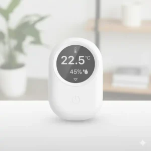 Nahaufnahme des smart hygrometer Geräts, dessen Display Messwerte anzeigt. Die app steuerung ist im Hintergrund sichtbar.