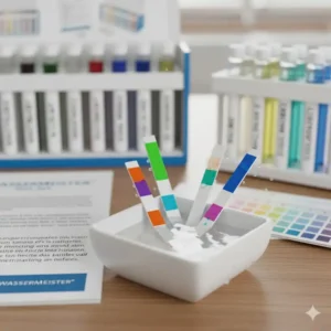 Nahaufnahme von Wasserteststreifen aus dem wasserqualität test set, die sofort Ergebnisse anzeigen.