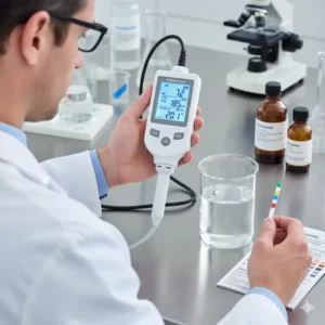 Anwender misst mit dem Brunnenwasser Testgerät eine Wasserprobe im Laborbecher.