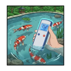 Anwendung des Salzmessgerät Wasser im Koiteich zur Kontrolle der Wasserqualität.