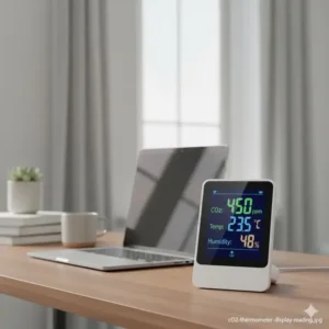 Das co2 thermometer hygrometer kombi korrekt auf einem Schreibtisch platziert zur Messung der Raumluft.