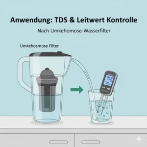 Überprüfung des TDS Messgerät-Wertes und des Leitwerts nach einem Umkehrosmose-Wasserfilter.