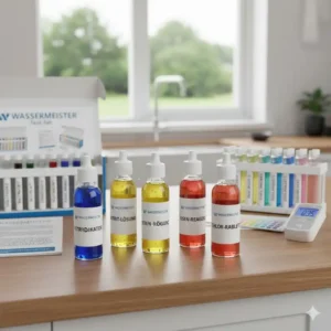 Flaschen mit flüssigen Reagenzien, die Teil des wasserqualität test set für präzise Messungen sind.