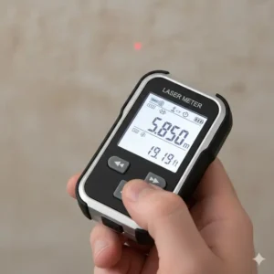 Nahaufnahme des beleuchteten Displays; der laser distanzmesser handlich zeigt die Messergebnisse deutlich an.
