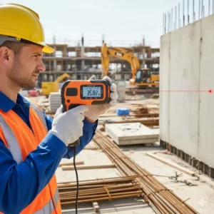 Handwerker verwendet robusten laser entfernungsmesser outdoor auf der Baustelle für schnelle Volumenberechnungen.