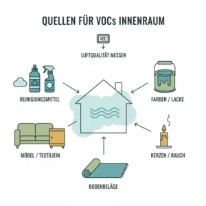 Illustration der Quellen für VOC in der wohnung (Möbel, Farben) gemessen mit einem voc messgerät.