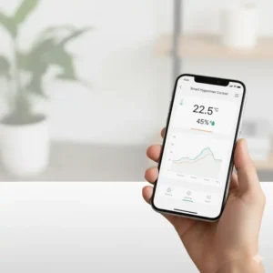 Screenshot des App-Dashboards, das über die smart hygrometer app steuerung Luftfeuchtigkeitswerte im Detail zeigt.