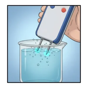 Detailansicht der Elektrode vom Salzmessgerät Wasser, die ins Wasser eingetaucht wird.