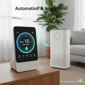 Smart-Home-Automation: Der smarter Luftqualitätsmonitor steuert einen Luftreiniger, basierend auf den Messdaten.