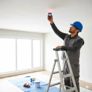 Ein Bauarbeiter nutzt den laser distanzmesser handlich auf einer Baustelle für eine schnelle Deckenmessung.