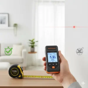 Der Laser Entfernungsmesser Test vergleicht die Geschwindigkeit mit einem herkömmlichen Zollstock.