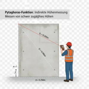 Grafische Darstellung der Nutzung der indirekten Höhenmessung mittels Pythagoras-Funktion im Baulaser Entfernungsmesser.