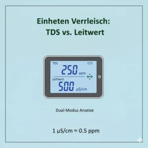LCD-Display, das TDS Messgerät-Werte (ppm) und den elektrischen Leitwert (μS/cm) anzeigt.