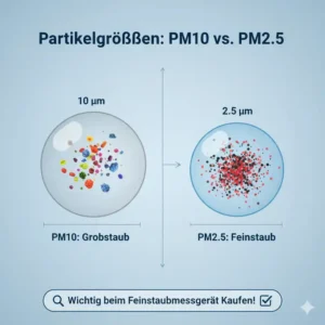 Infografik zu PM10 und PM2.5 Partikeln – wichtige Kriterien, bevor Sie ein Feinstaubmessgerät kaufen.
