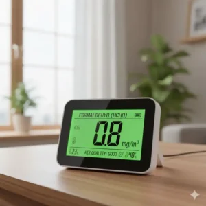 Nahaufnahme eines voc messgeräts, das Formaldehyd (HCHO) in der wohnung misst.