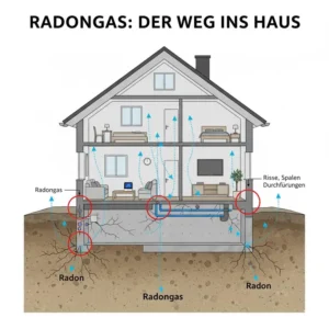 Schematische Darstellung des radon messgerät haus test im Kontext von Radongas, das ins Haus eindringt.