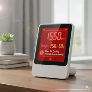 Das co2 thermometer hygrometer kombi signalisiert einen kritisch hohen CO2-Wert.