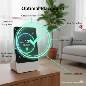 Empfohlene Platzierung des smarter Luftqualitätsmonitor in einem zentralen Wohnraum für genaue Messungen.
