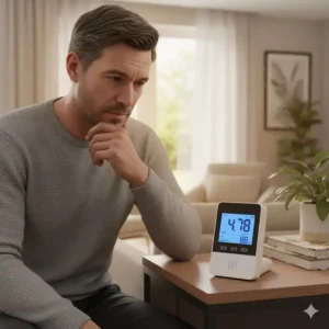 Ein Hausbewohner überprüft das Ergebnis des radon messgerät haus test auf dem Display.