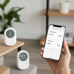 Visualisierung der smart hygrometer app steuerung zur Überwachung mehrerer Sensoren in unterschiedlichen Räumen.