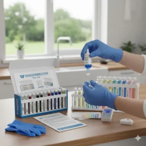 Person bei der Durchführung einer Wasseranalyse zu Hause mit dem wasserqualität test set.