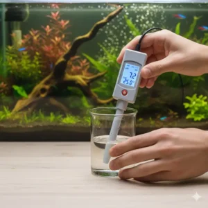 Korrekte Anwendung des Aquarium Wasser Messgerät beim Prüfen einer Probe.