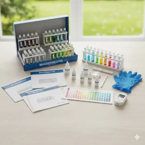 Übersicht aller Komponenten des wasserqualität test set inklusive Röhrchen, Reagenzien und Anleitung.