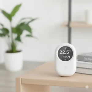 Kleines, unauffälliges smart hygrometer Gerät platziert in einem Wohnraum, verbunden mit der app steuerung.