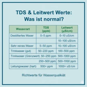 Tabelle mit empfohlenen Bereichen für TDS Messgerät-Messungen und zugehörige Leitwert-Klassifikationen.