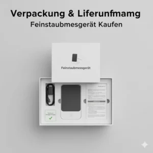 Der Lieferumfang beim Feinstaubmessgerät kaufen: Gerät, Ladekabel und Anleitung in der Originalverpackung.