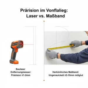 Veranschaulichung der hohen Präzision und Zuverlässigkeit des Baulaser Entfernungsmessers im Vergleich zu traditionellen Messwerkzeugen.